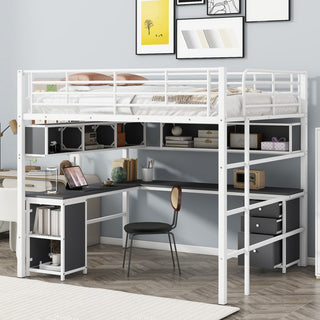 Gewnee Metal Loft Bed with bookcase, desk and cabinet, Full, White