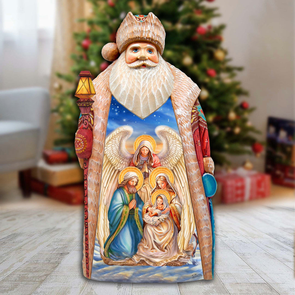 Nativity with Angel Santa Hand-Painted Wood Carved Masterpiece by G. DeBrekht