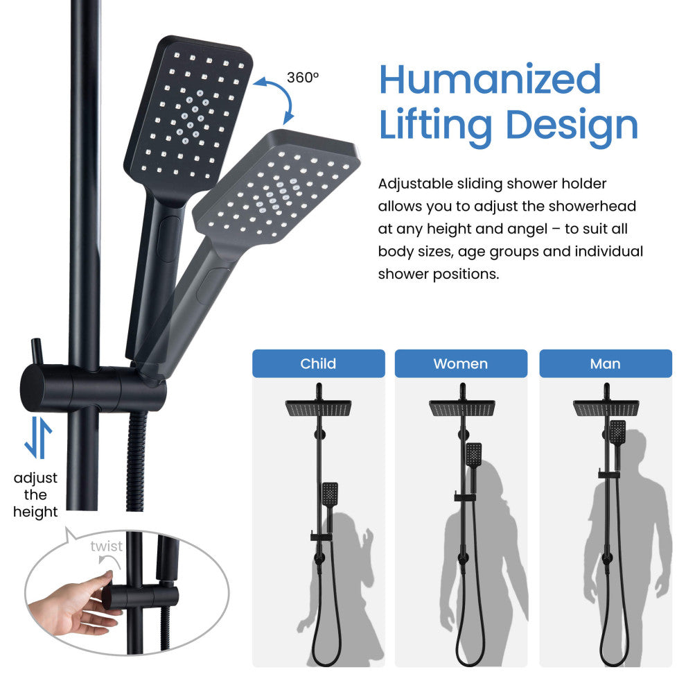 Cube Shower Column With Dual Function Shower Head, Matte Black