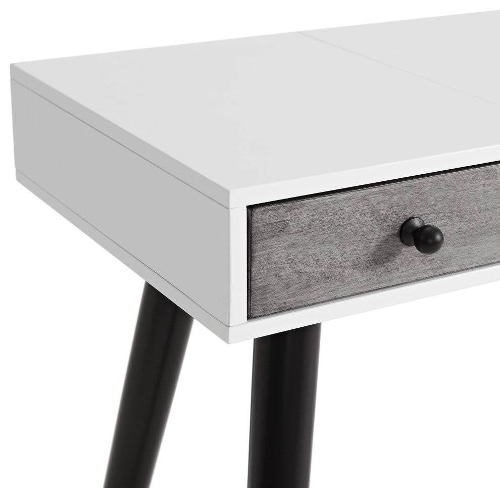 Mid-Century Modern 2-Drawer Bedroom Vanity or Desk, White, Gray, and Black