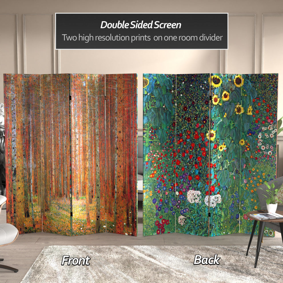 6' Tall Double Sided Works of Klimt Room Divider, Tannenwald/Farm Garden