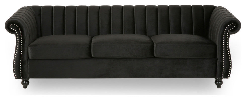 Olga Modern Glam Velvet 3 Seater Sofa, Black, Dark Brown