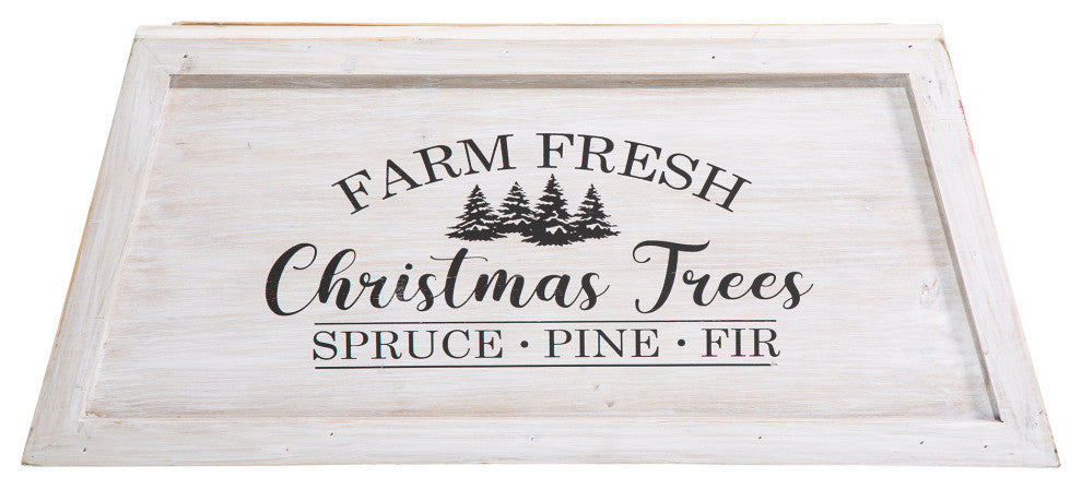 Washed White Wooden Trapezoid Farm Fresh Christmas Trees Tree Collar, 26"L