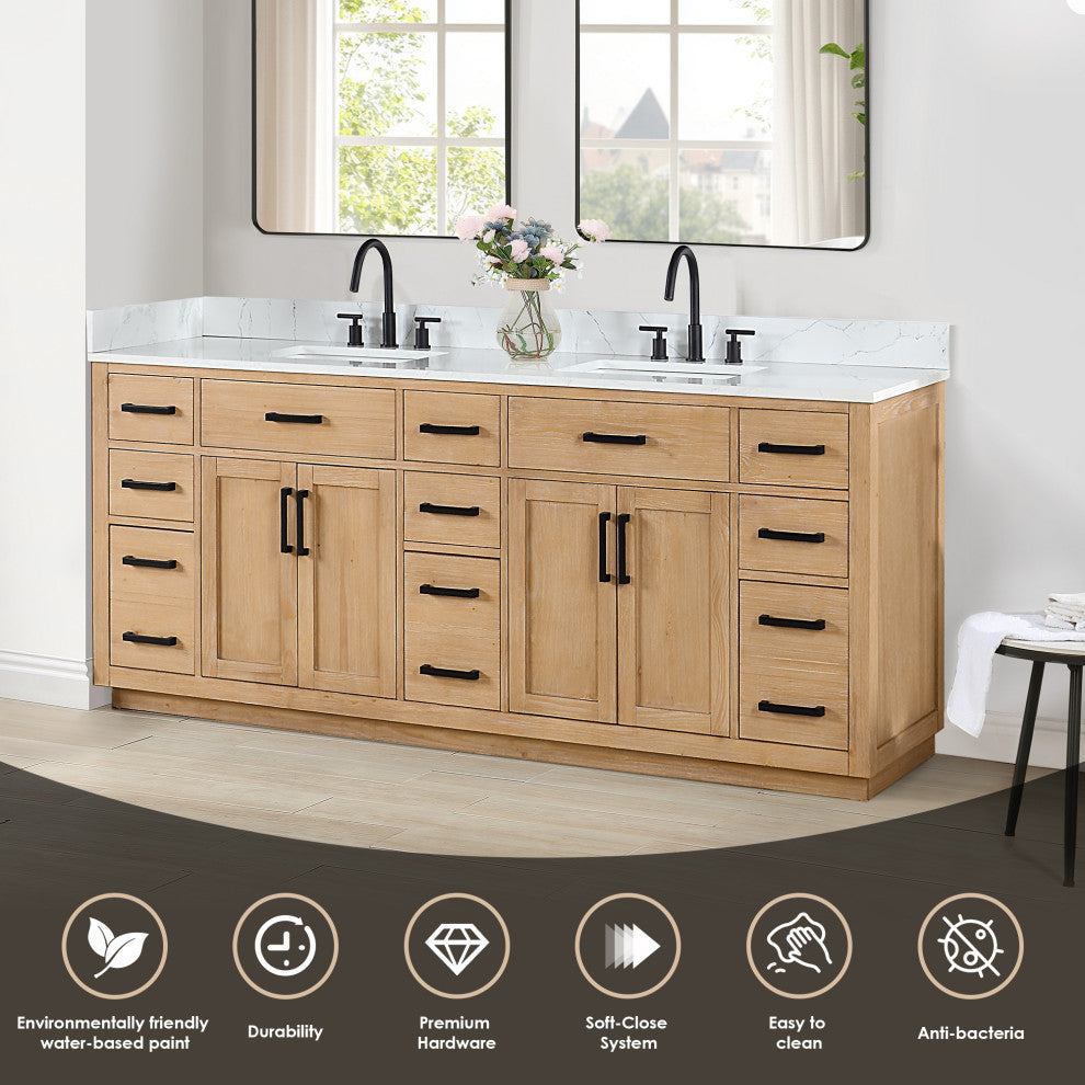 Gavino Vanity with Grain White Composite Stone Top, Light Brown/Matte Black, 84", No Mirror