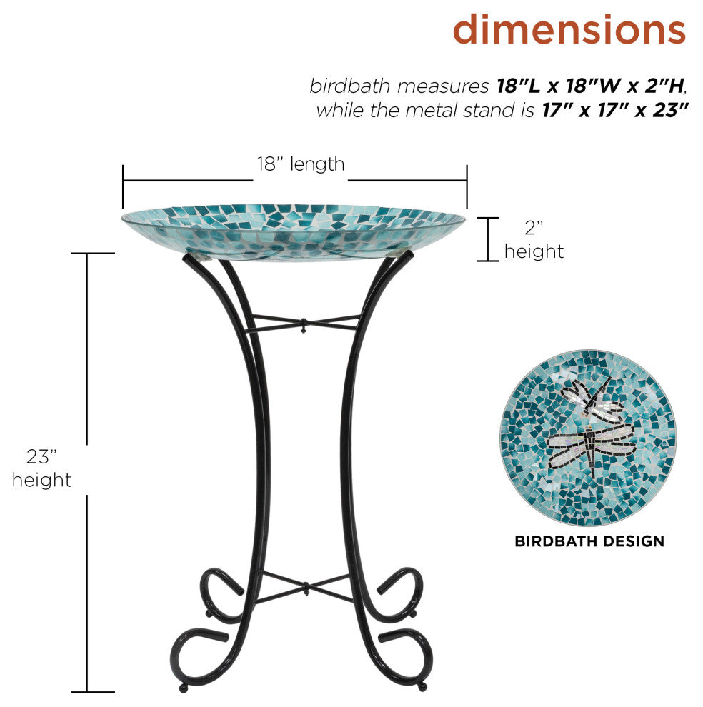24" Tall Outdoor Mosaic Dragonfly Glass Birdbath Bowl with Metal Stand