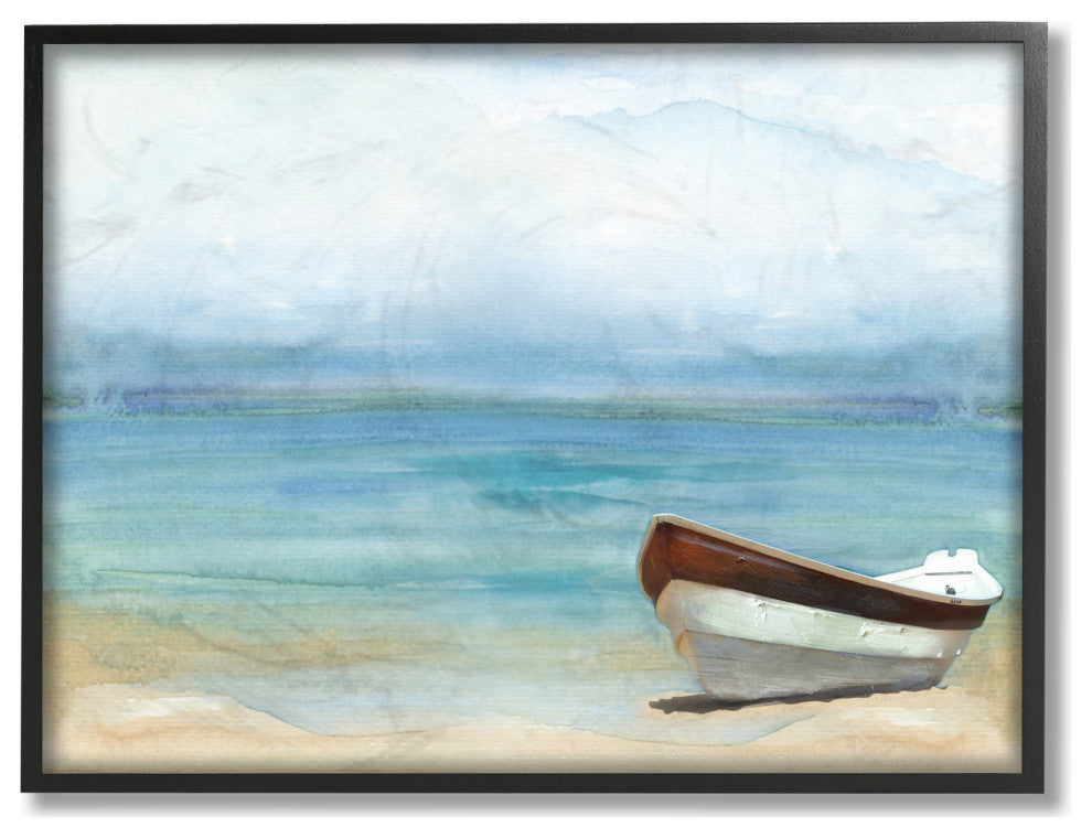 Lake Boat Landscape Blue Green Watercolor Painting, 24"x30", Black Frame