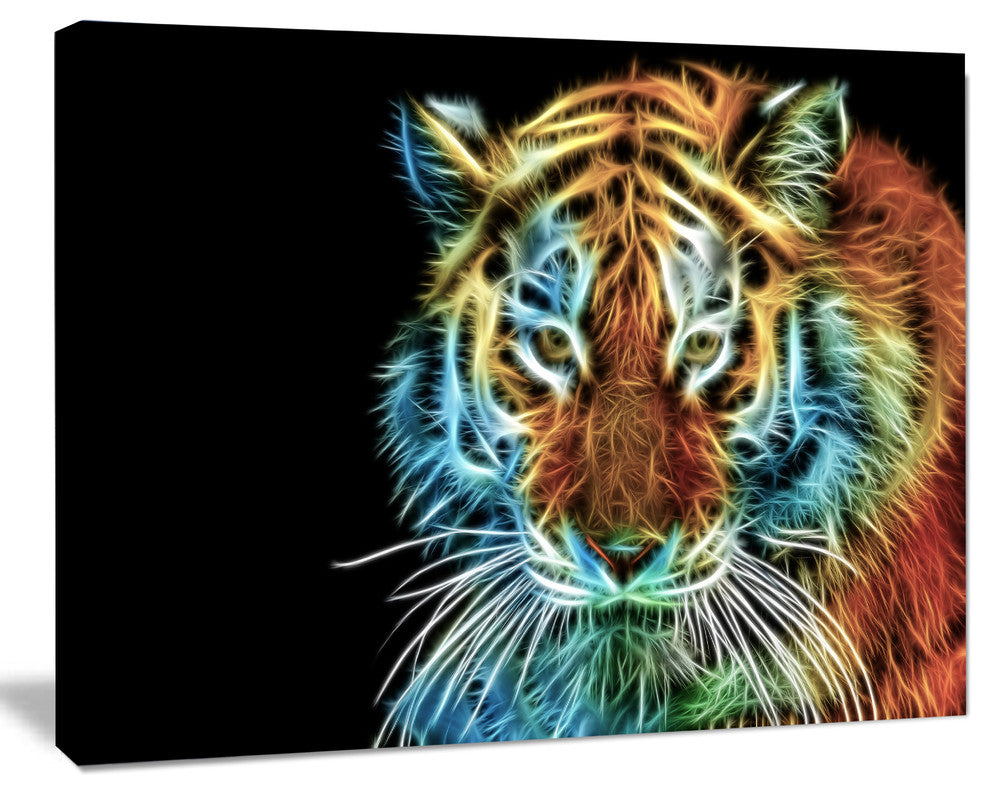 Illuminating Tiger Head View, Contemporary Animal Art Canvas, 20"x12"
