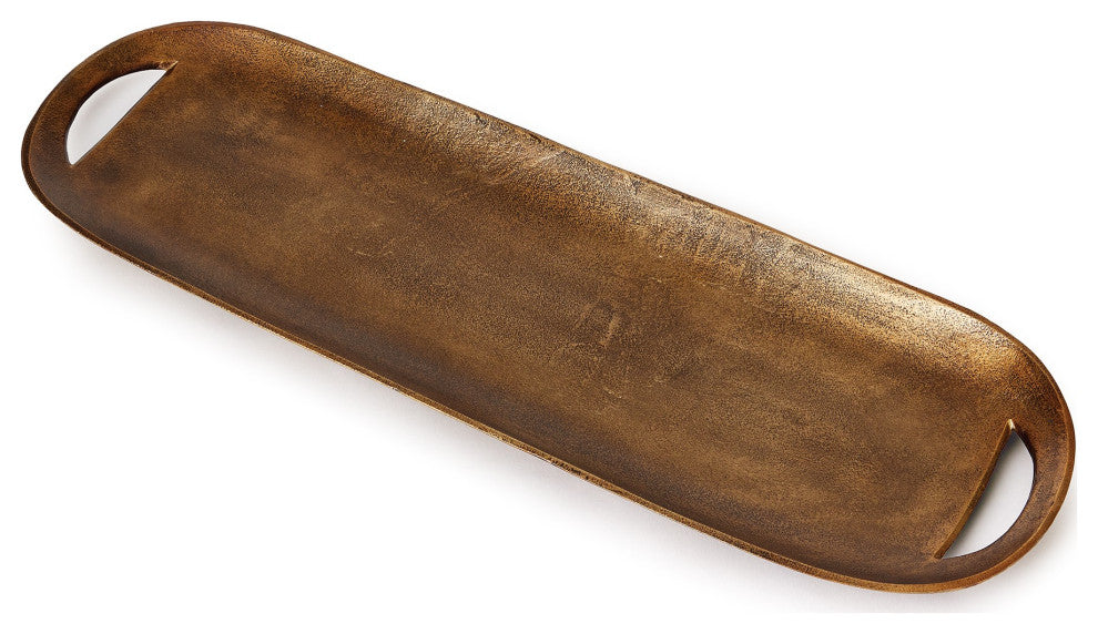 Rustic Brass Gold Oval Decorative Tray Classic Modern 30 in Long Wide Handles