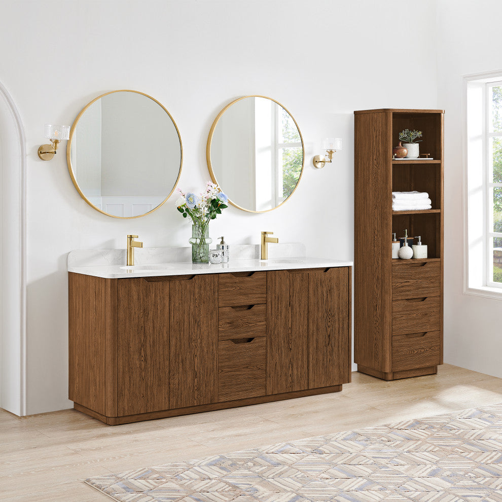 Abuja Bathroom Vanity, Stone Top, No Mirror, Oak Weathered Brown, 72", Double Vanity