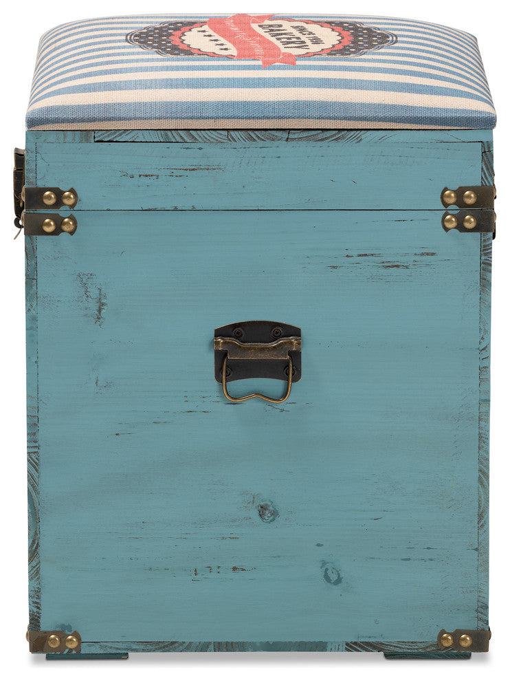 Caye Vintage Striped Fabric Upholstered Light Blue Wood Storage Trunk Ottoman