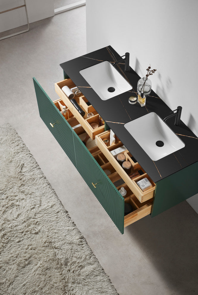 BARCELONA Wall Mount Modern Bathroom Vanity, Forest Green, 60", Black Countertop