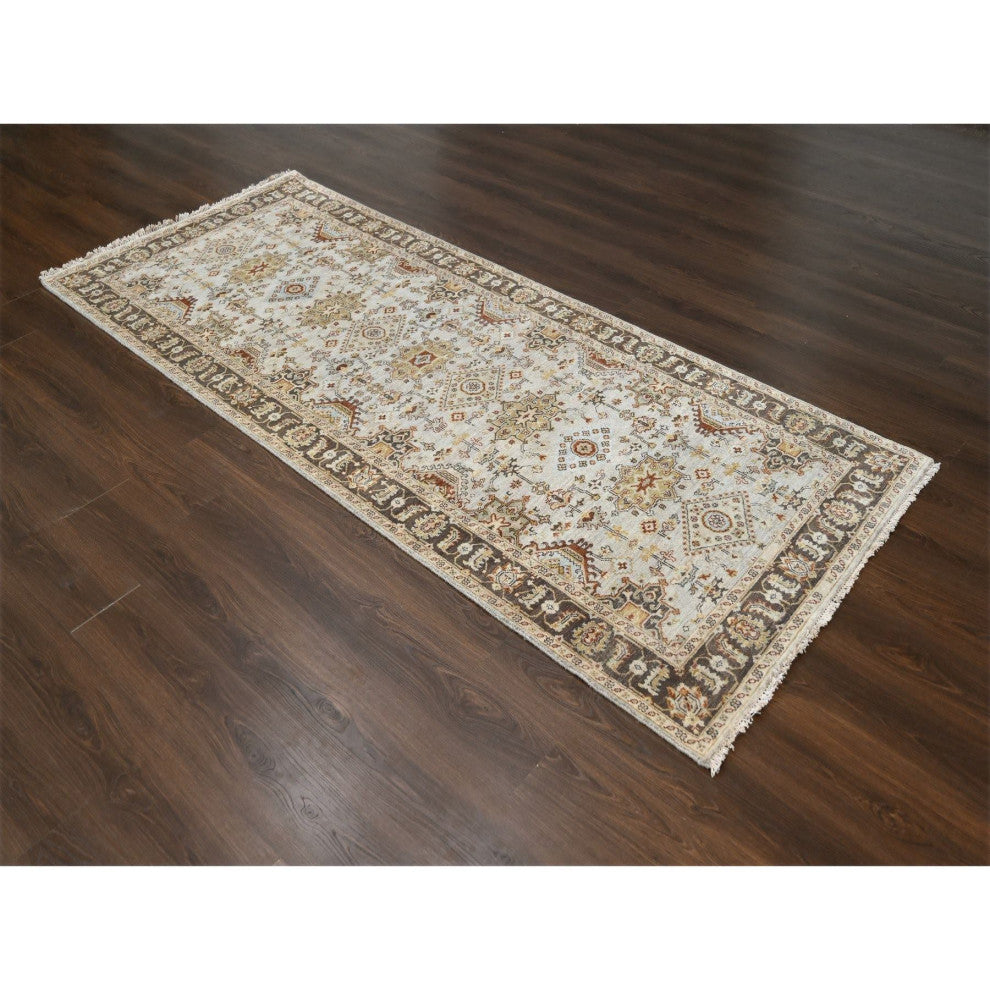 Goose Gray Karajeh Design Pure Wool Hand Knotted Wide Runner Rug 4'2"x9'10"