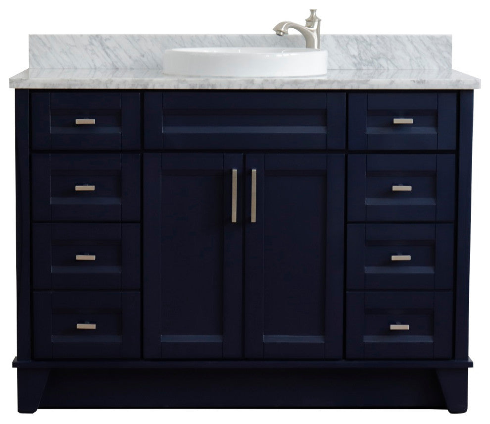 49" Single Sink Vanity, Blue Finish With White Carrara Marble And Round Sink