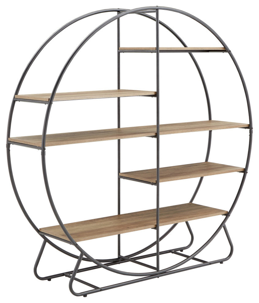 Unique Bookcase, Round Design With Black Metal Frame With Multiple Open Shelves