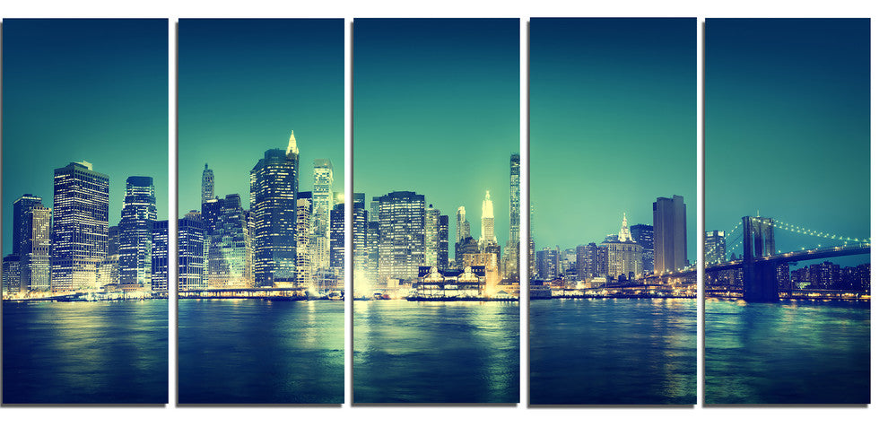 "New York City" Panorama Night Concept Cityscape Canvas Print60"x28", 5-Panels