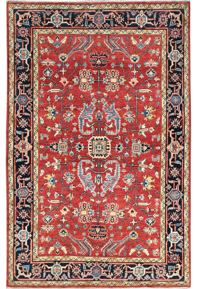 Fire Brick Afghan Peshawar Heriz Wool Hand Knotted Oriental Rug, 3'10"x6'