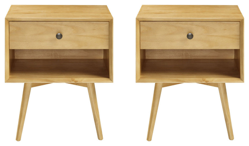 2 Piece 1-Drawer Mid-Century Solid Wood Nightstand - Light Oak