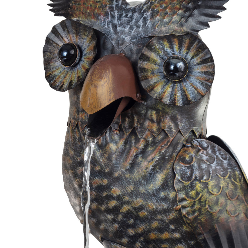 Alpine Metal Owl on a Tin Fountain, 23" Tall