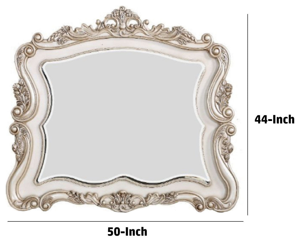 Benzara BM275074 Wood Mirror, Scalloped, Scroll Ornate Trim, Antique White