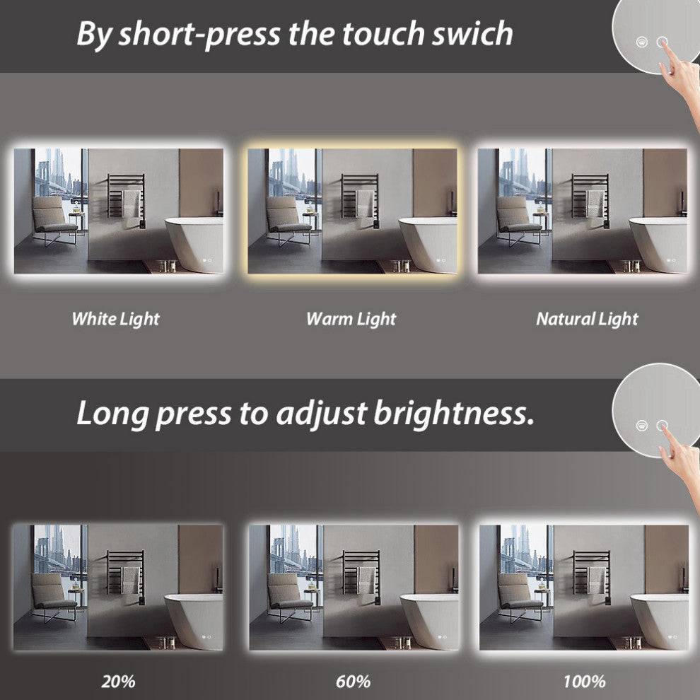 Backlit 3-Color LED Mirror for Bathroom, Anti-Fog Dimmable, 24x40