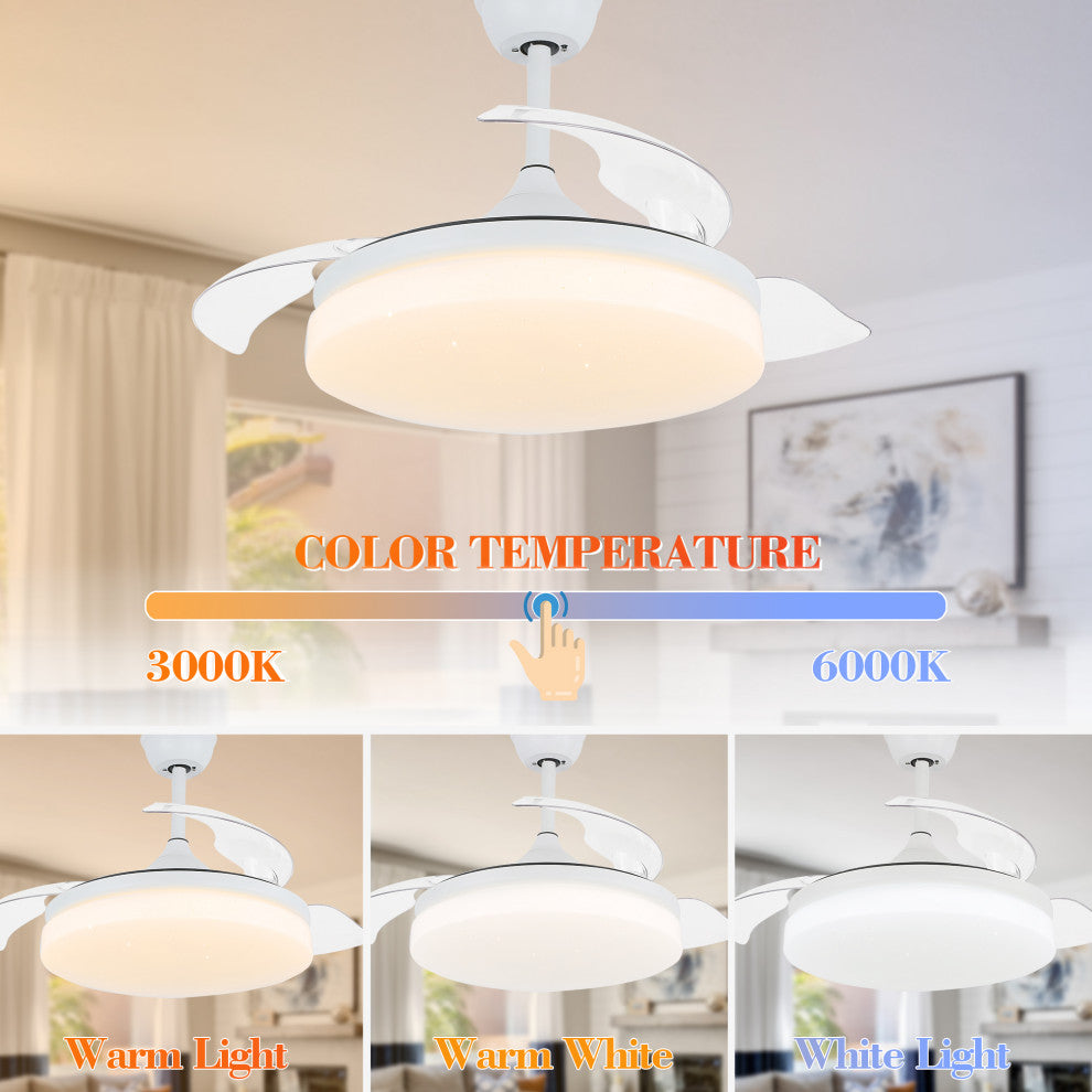 42" Reversible Ceiling Fan with Retractable Blade and Led Light 36W, White, 42"