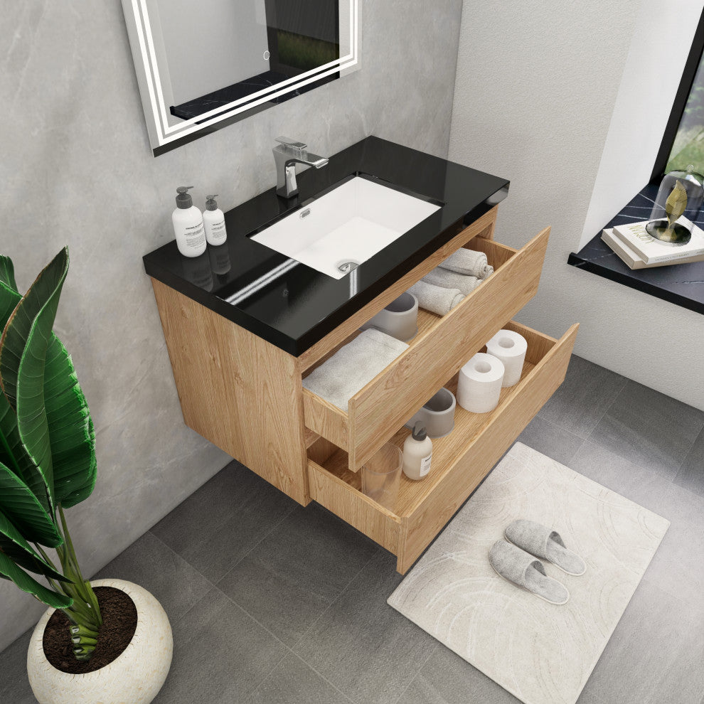 Belli 36" Wall Mounted Single Bathroom Vanity Set, England Oak, Matt Black Top