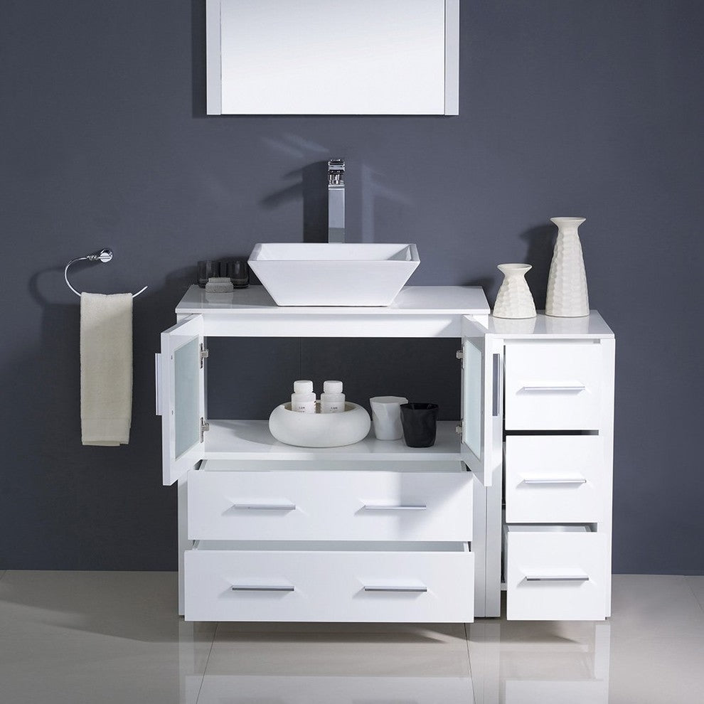 Torino 42" White Modern Bathroom Vanity With Side Cabinet, FFT9162CH