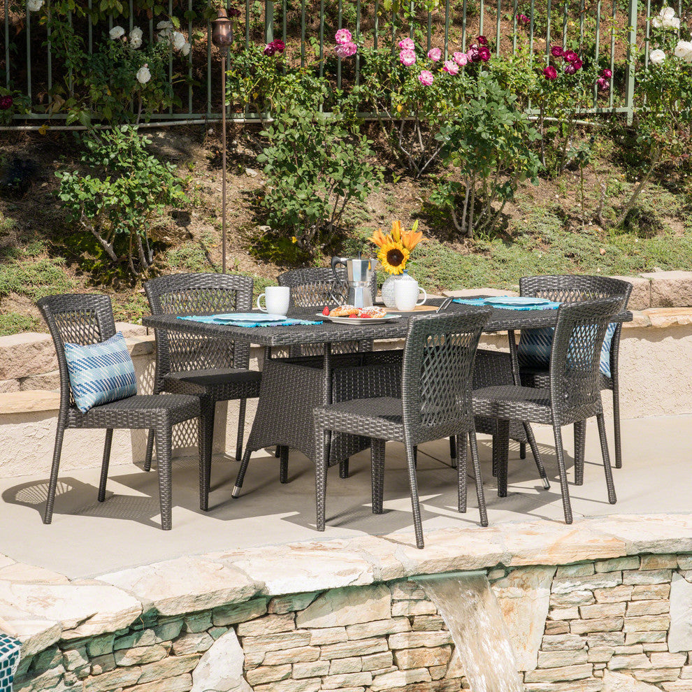 GDF Studio 7-Piece Haley Outdoor Wicker Dining Set, Gray
