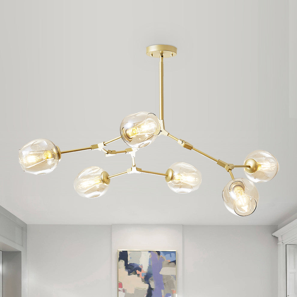 8-Light Adjustable Colorful Glass Shades Chandelier Pendant,Clear Glass Shades, Amber, 6light