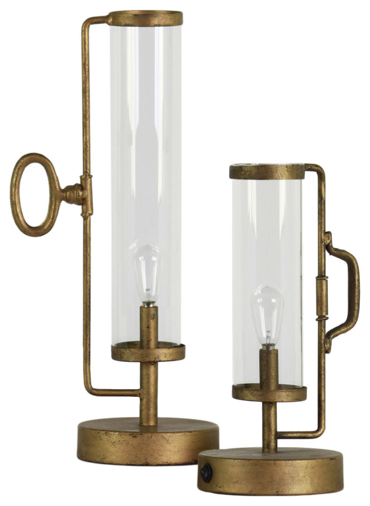 Round Metal Lantern with Glass Cylinder, White LED Lights, Gold, Set of Two