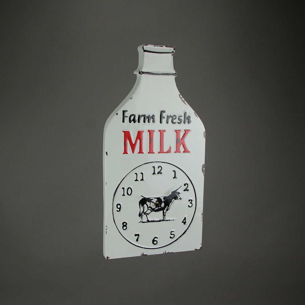 White Enamelware Stamped Metal Quart Milk Bottle Shaped Wall Clock
