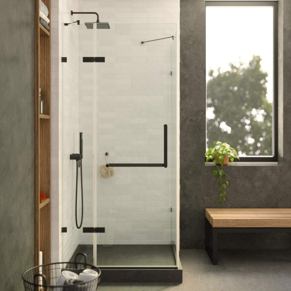 Shower Enclosure Hinged Frameless Tempered Glass, Black, 36"
