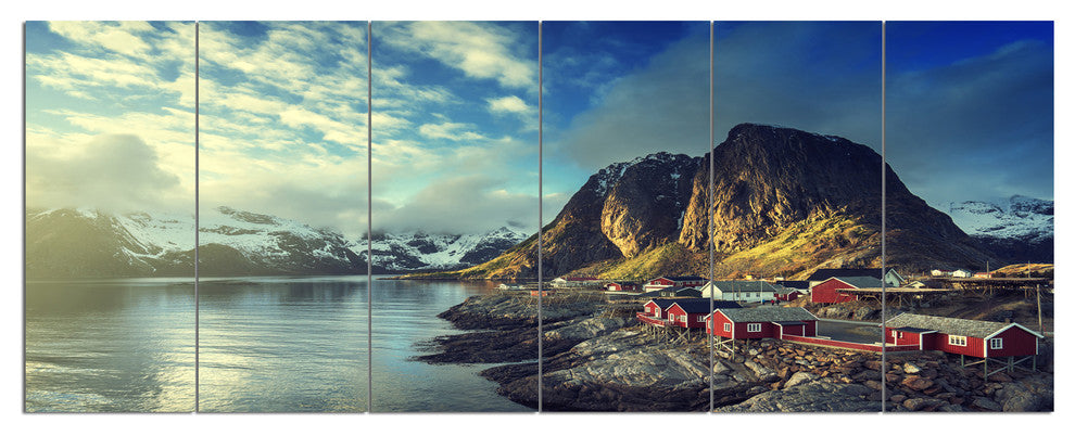 Fishing Hut at Spring Sunset, Landscape Canvas Art Print, 70"x28", 6 Panels