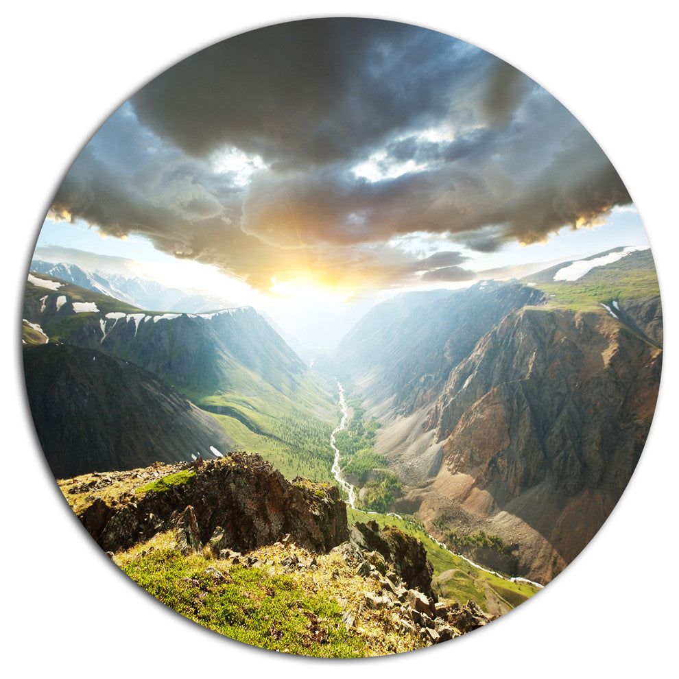 Stunning View Of Sunset In Mountains, Landscape Disc Metal Artwork, 23"