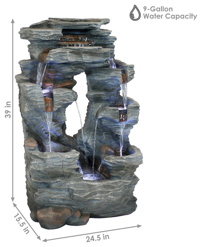 Sunnydaze Dual Cascading Rock Falls Water Fountain With LED Lights, 39"