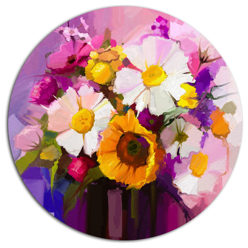 Bunch Of White Red Yellow Flowers, Floral Large Disc Metal Artwork, 11"