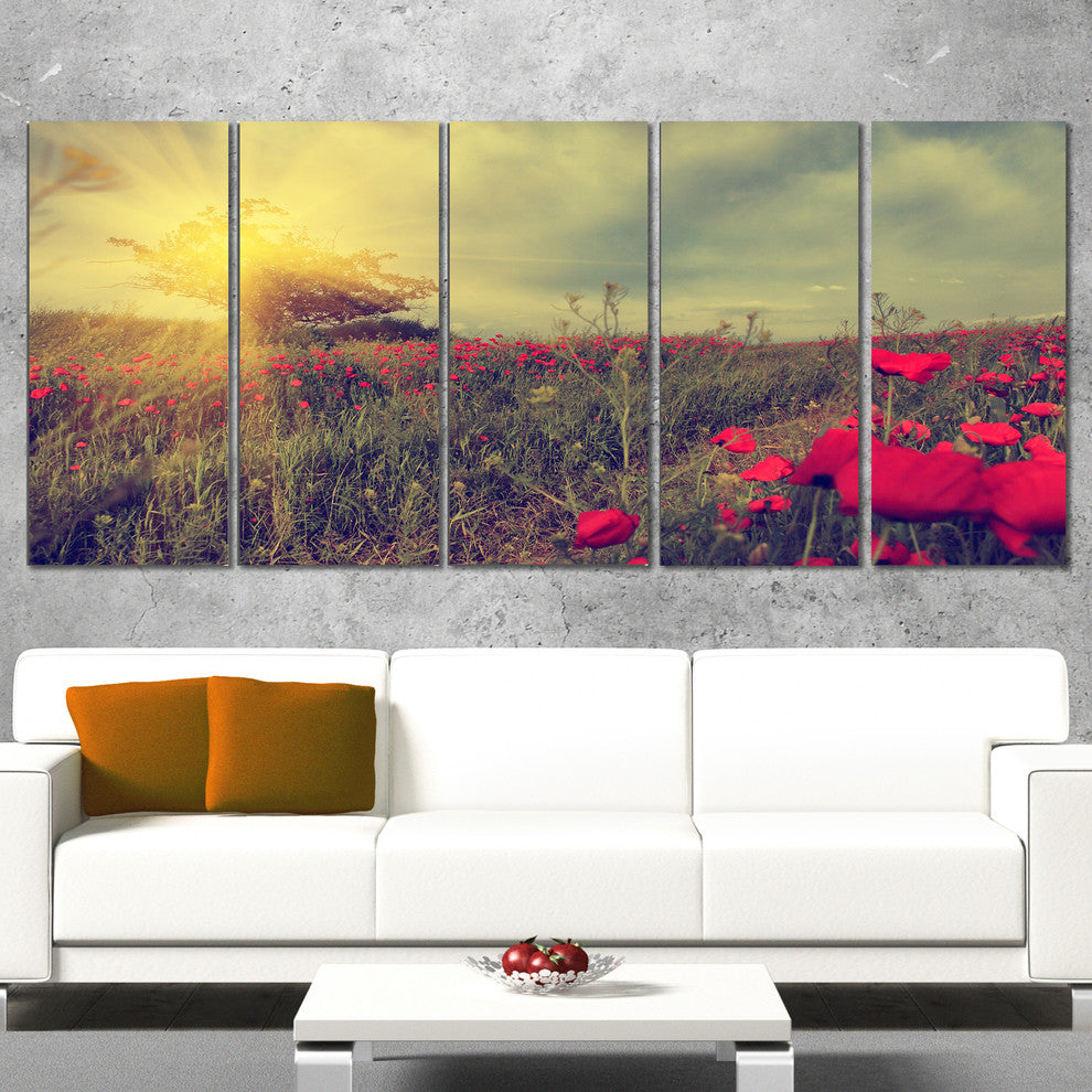 Vintage Photo of Poppies at Sunset, Large Floral Canvas Print, 60"x28", 5 Panels