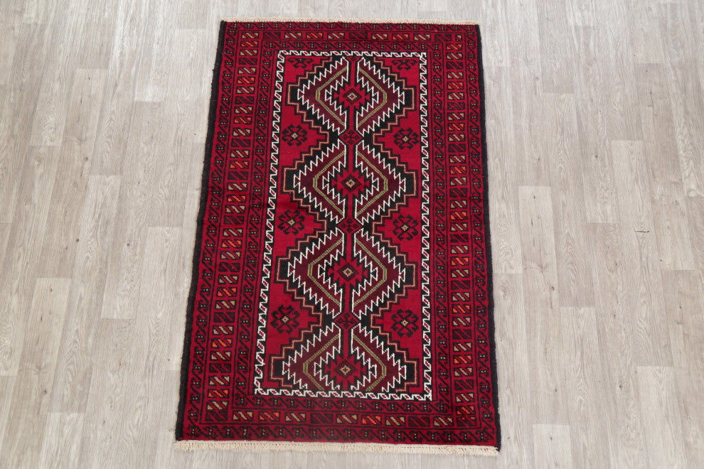 Balouch Oriental Traditional Hand-Knotted Afghan Area Rug, Red, 6'3"x4'1