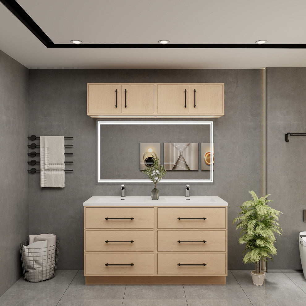 Victoria 60" Double Sink Solid Wood Vanity, Overhead Cabinet, Yellow Oak