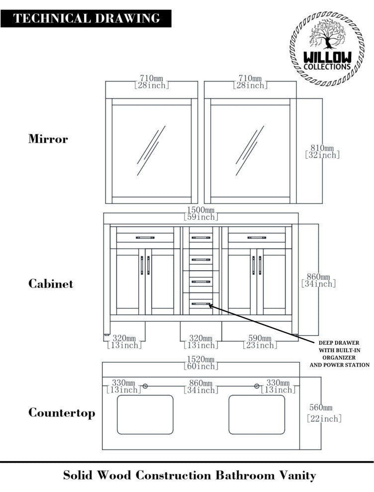 Boston 60 Double Bathroom Vanity in Navy Blue 2" Carrara Quartz