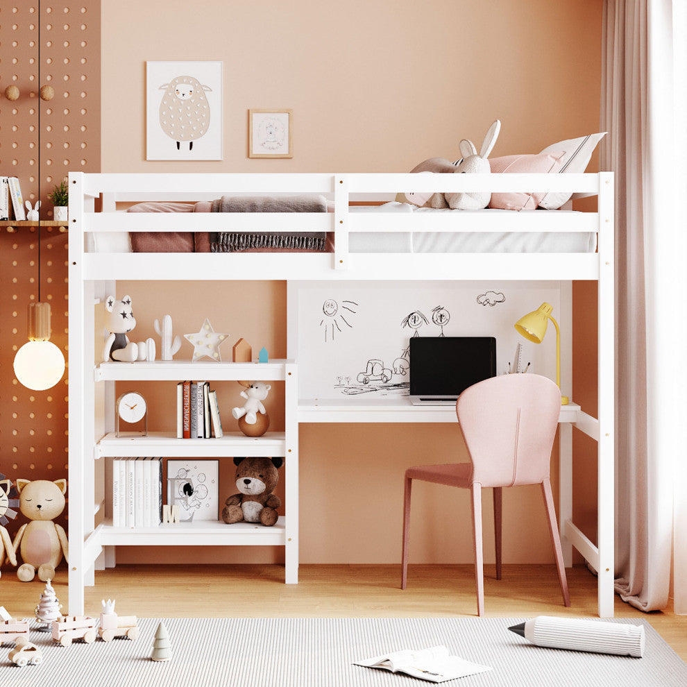 Gewnee Twin Size Wooden Loft Bed with Shelves in White