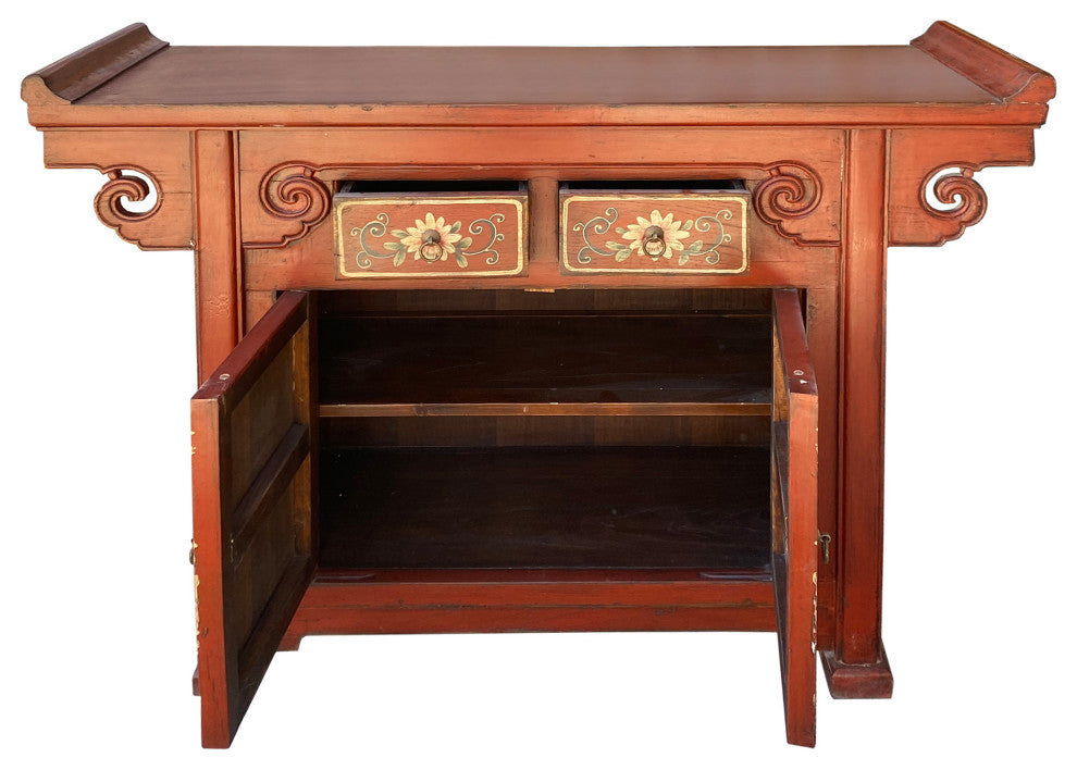 Chinese Distressed Brick Red Flower Altar Console Side Table Cabinet Hcs6177