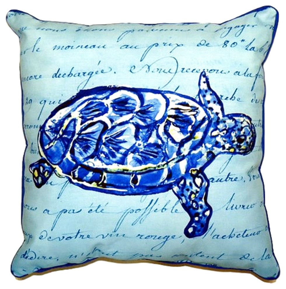 Betsy Drake Sea Turtle Blue Script Extra Large Zippered Pillow 22x22