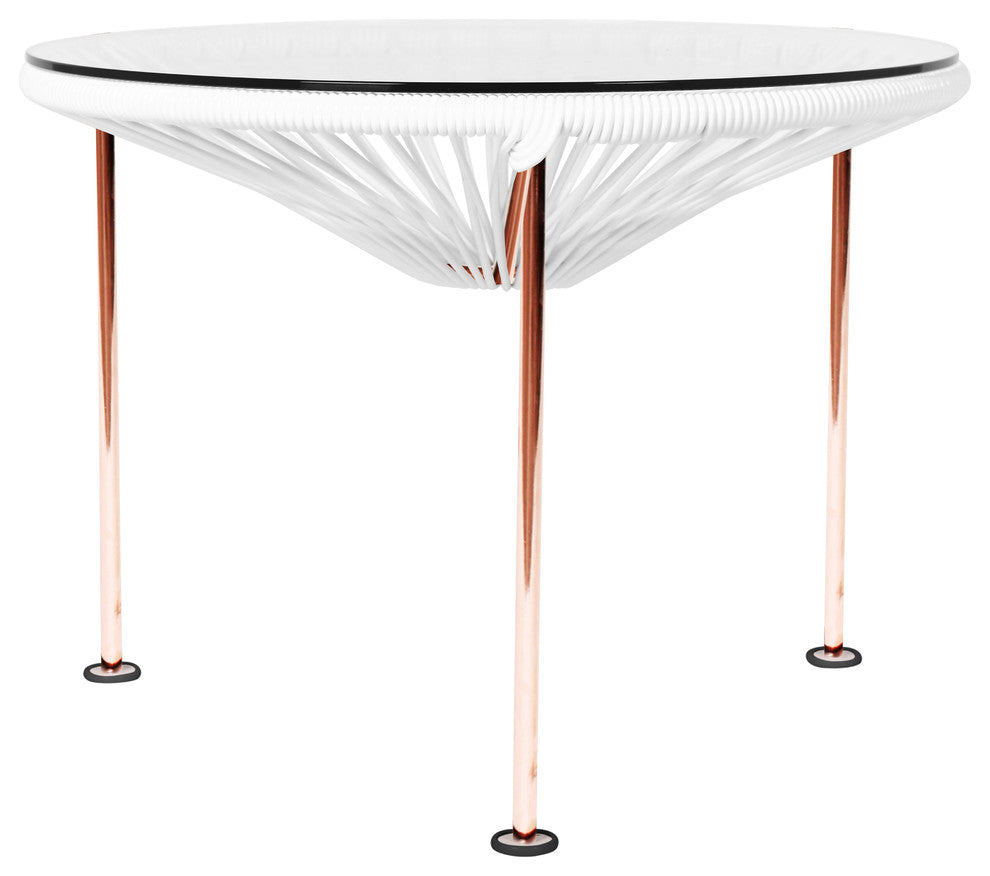 Zicatela Indoor/Outdoor Handmade Side Table, White Weave, Copper Frame
