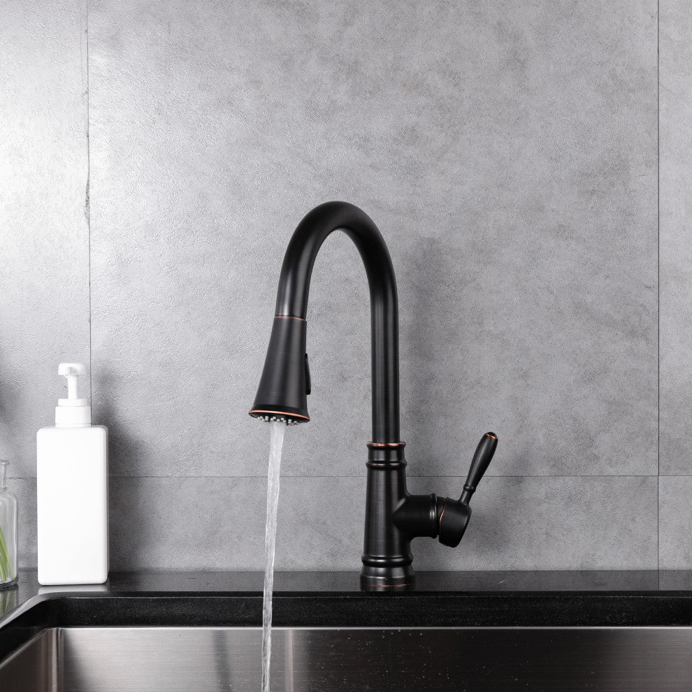 Single Handle High Arc Pull Out Kitchen Faucet in Oil Rubbed Bronze Finish