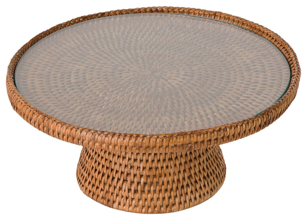 La Jolla Rattan Cake stand With Glass Top, Honey Brown