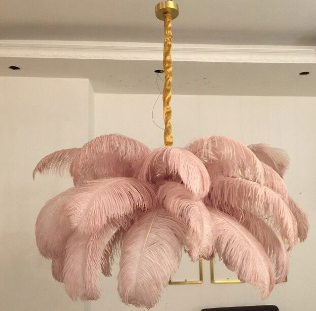 Gembloux | Pink/White Feather Round Chandelier, Pink
