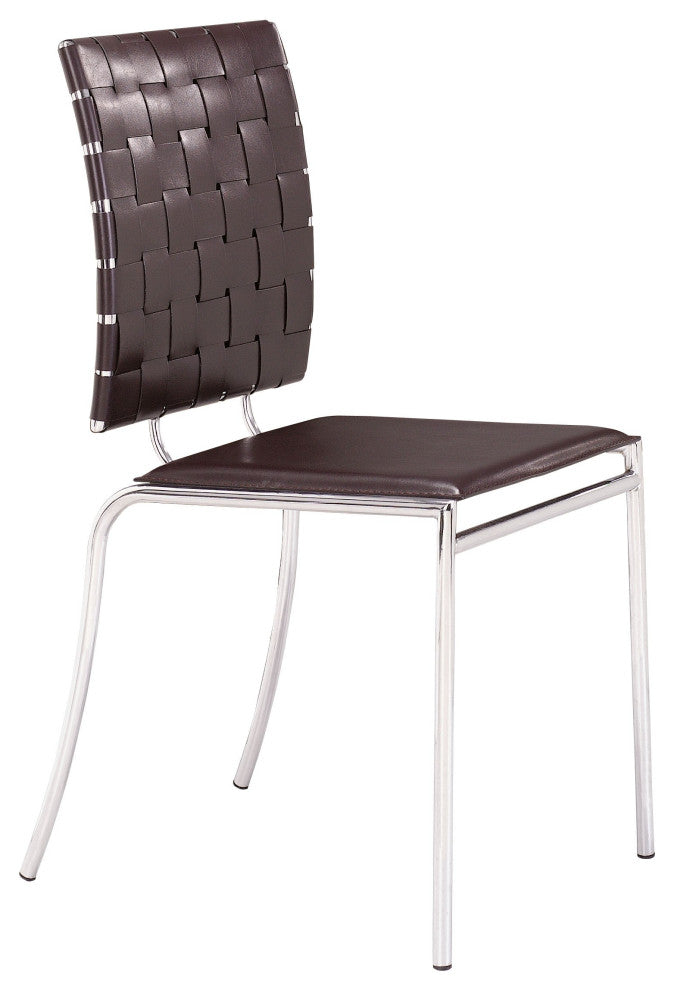 Set of Four Brown Faux Leather and Steel Modern Basket Weave Dining Chairs