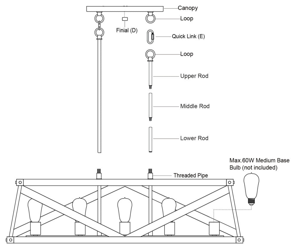 Vaxcel Lighting H0268 Wade 5 Light 37"W Linear Chandelier - Matte Black /
