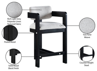 Sacha Upholstered Bar and Counter Stool, Grey, Linen Textured Fabric, Black